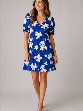 Tommy Hilfiger Blue Floral Puff Sleeve Dress Size 8 | V-Neck A-Line Spring Summe
